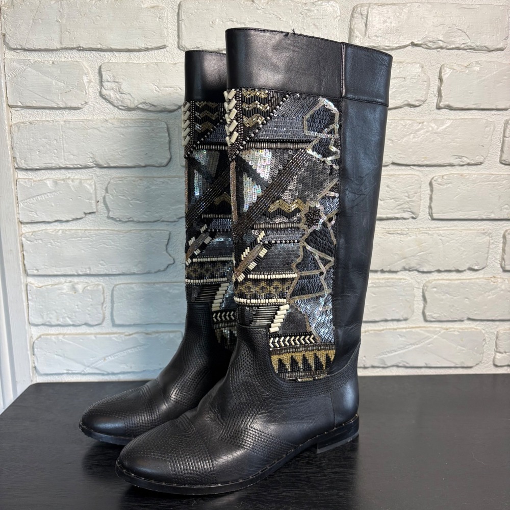 Ivy Kirzhner Black Leather Knee High Boots Beaded Sequin Embellished Boho 6.5